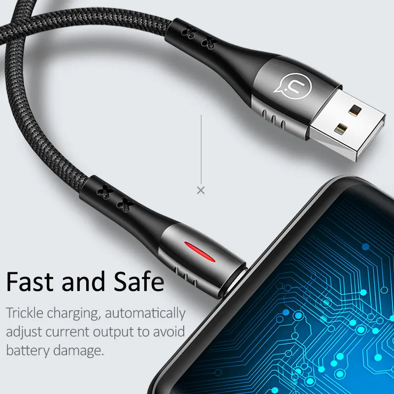 USAMS Автоматическое отключение питания USB кабель type-C Быстрая зарядка QC3.0 нейлоновый плетеный кабель светодиодный светильник для USB C кабель Смарт зарядное устройство кабель