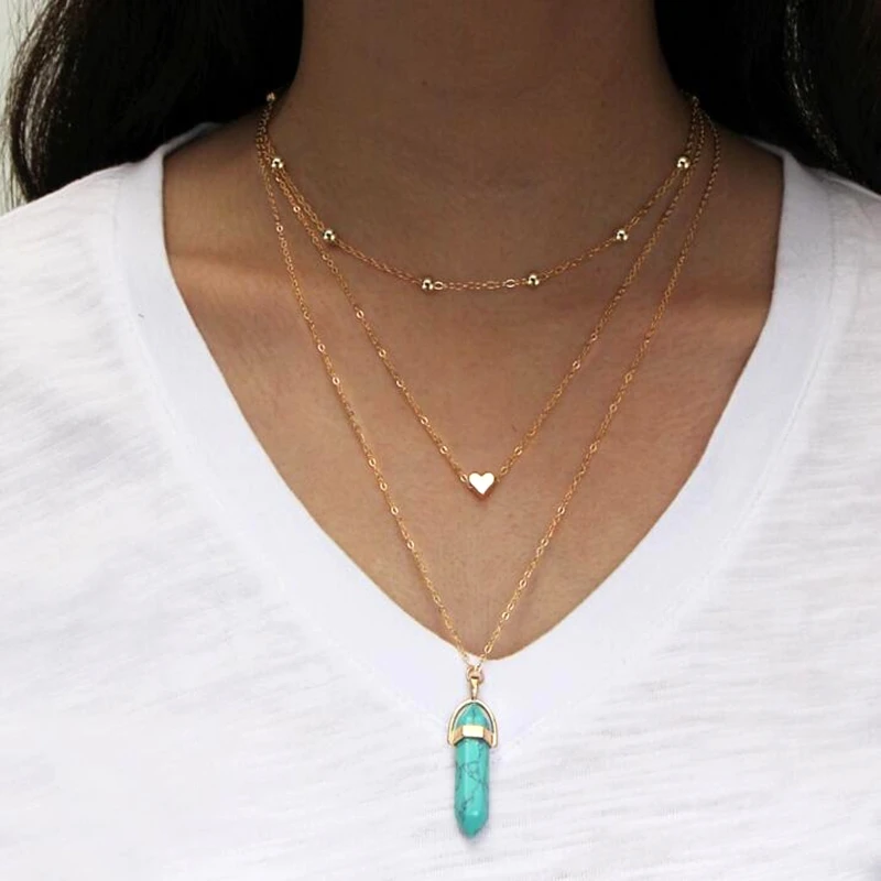 

Crystal Quartz Healing Point 7 Chakra Stone Multi-Layer Opals Pendant Necklace
