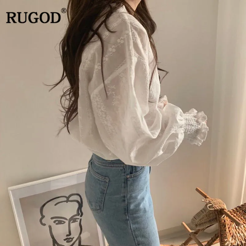 RUGOD korean elegant floral print women blouse Vintage lantern sleeves lace white sweet ladies shir