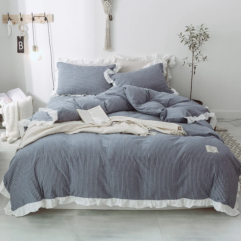 Blue Stripe Bedding with Ruffles Kids Sheets Soft Bedsheets Quilt Duvet