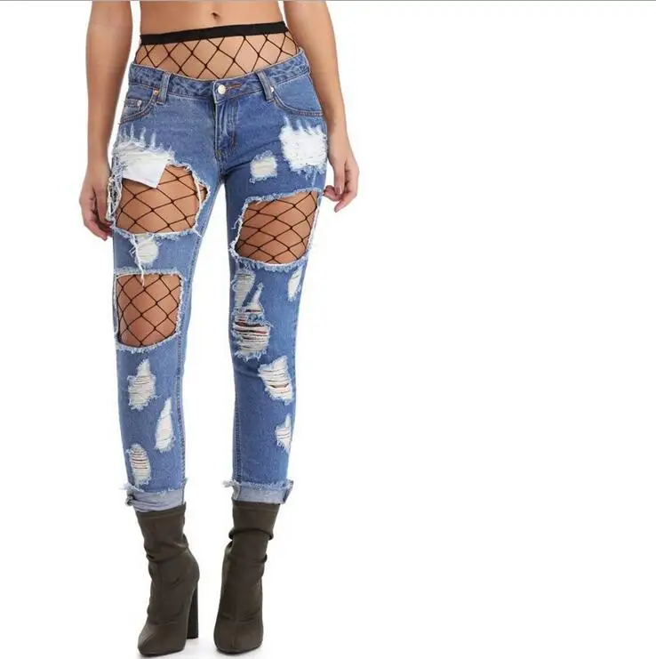 Boyfriend Hole Ripped Denim Jeans Tights 2 piece set Women