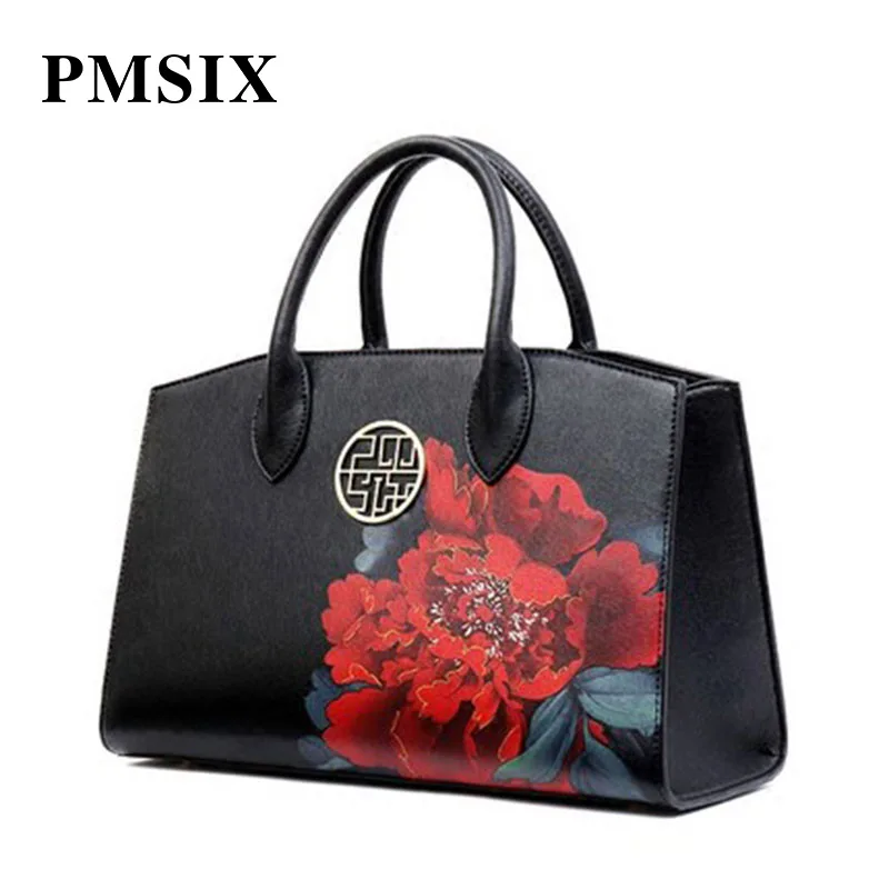 

PMSIX Large Capacity Ladies Handbags Vintage Floral Print Tote Bag for Women Casual Split Leather Designer Handbags