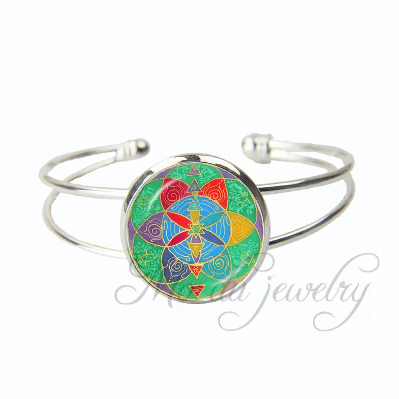 

2018 Chakra Mandala Open Cuff Bangle Flower of Life Glass Bracelets Buddhism Bangles Meditation Yoga Jewelry Accessories