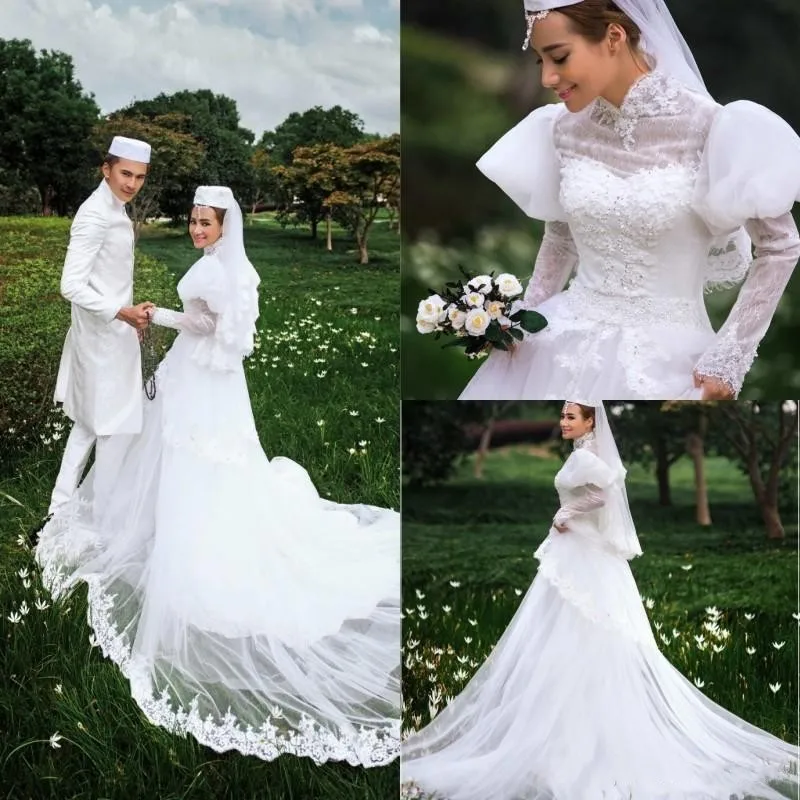 Изящные регулярные длинные рукава свадебное платье высокого шеи аппликация кружева невеста платье суд поезд тюль платье-линии арабо-стиль