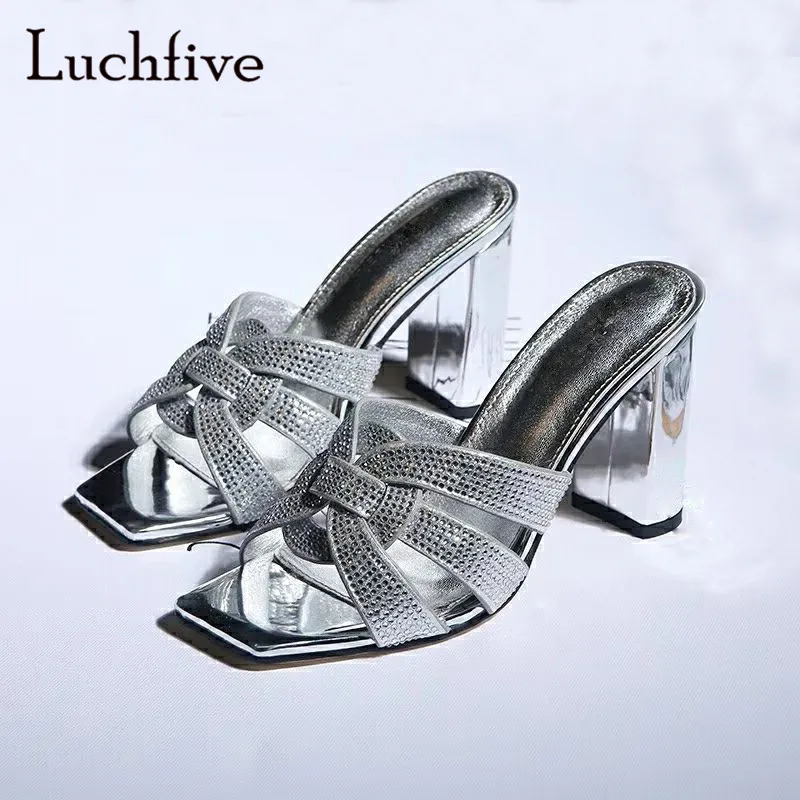 

Genuine leather rhinestone slippers women chunky high heels open toe female shoes slip on silver summer crystal women slides