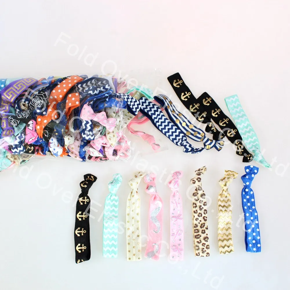 

50pcs/lot 5/8'' printed fold over elastic hair ties elastic hair accessories ribbon elastic ponytail holders mix colors