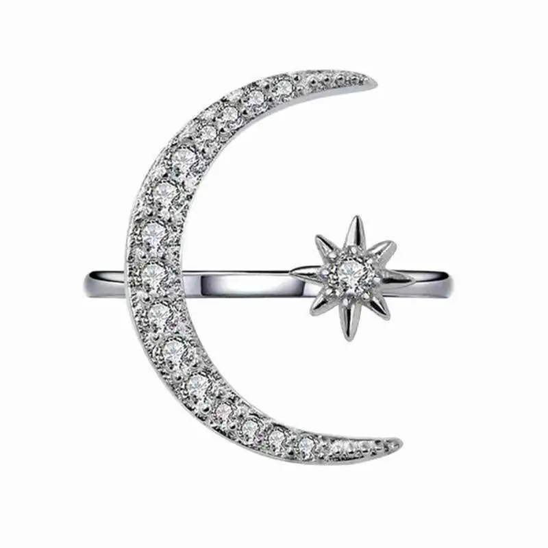 Новая мода с рисунком «Луна», «Звезды открытые, кольца на палец для Для женщин Регулируемый серебристый циркониевый роскошные свадебные ювелирные изделия для девочек Подарки