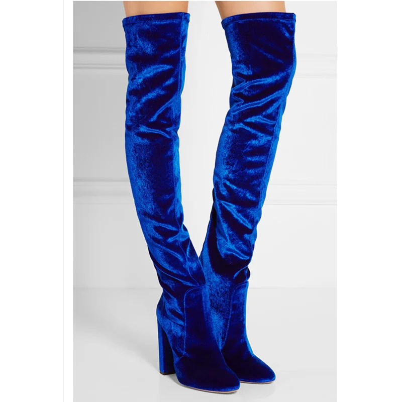 

Luxury Brand High Block Heel European Cool Star Runway Shoes Dress Party Wedding Long Booties Velvet Women Knee Boots Zip Design