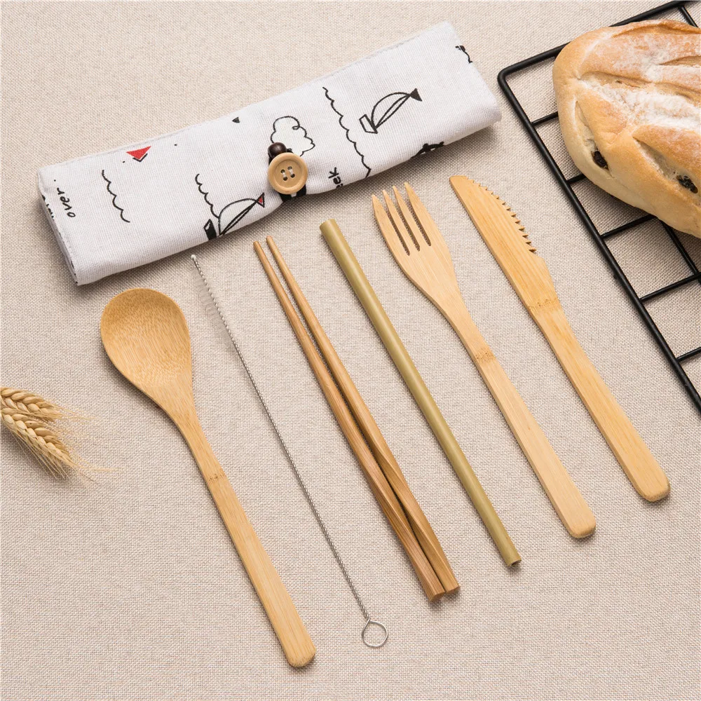 

Travel Dinnerware Set Portable Cutlery Bamboo Straw Korean Chopsticks Knife Dinner Fork Spoon Set Brush Cloth Bag Eco Dinnerware