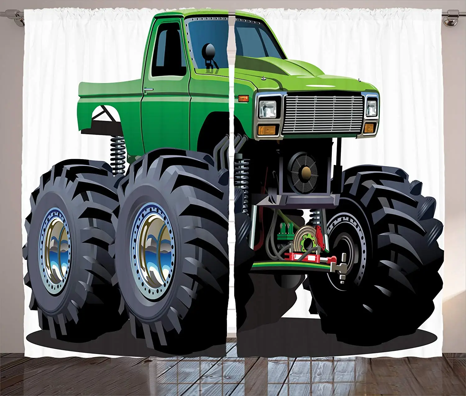 

Cars Decor Curtains Giant Monster Pickup Truck with Large Size Tires and Suspension Extreme Biggest Wheel Print for Living Room