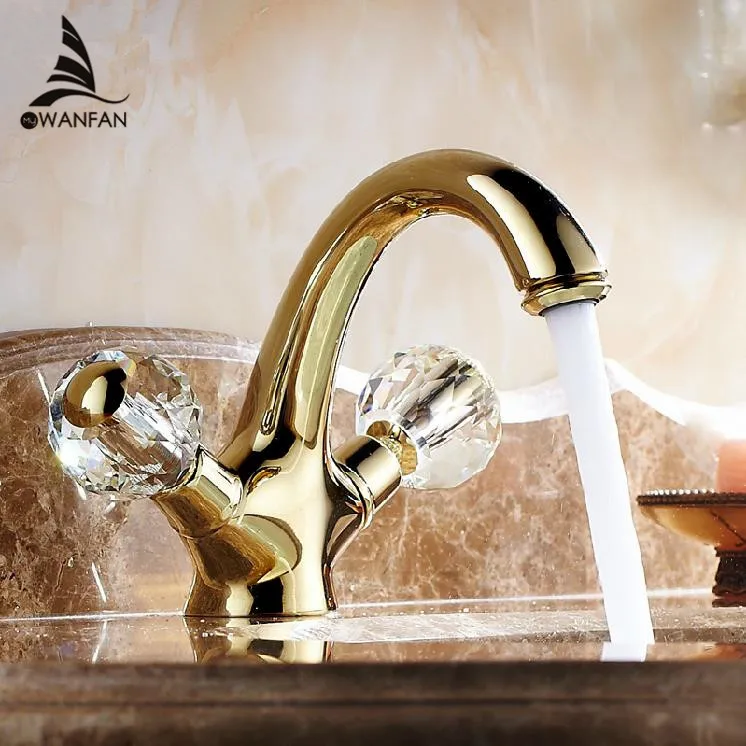 Basin Faucet Brass Gold Bathroom Sink Faucet Crystal Ball Double Handle Bathbasin Wash Toilet Cold 