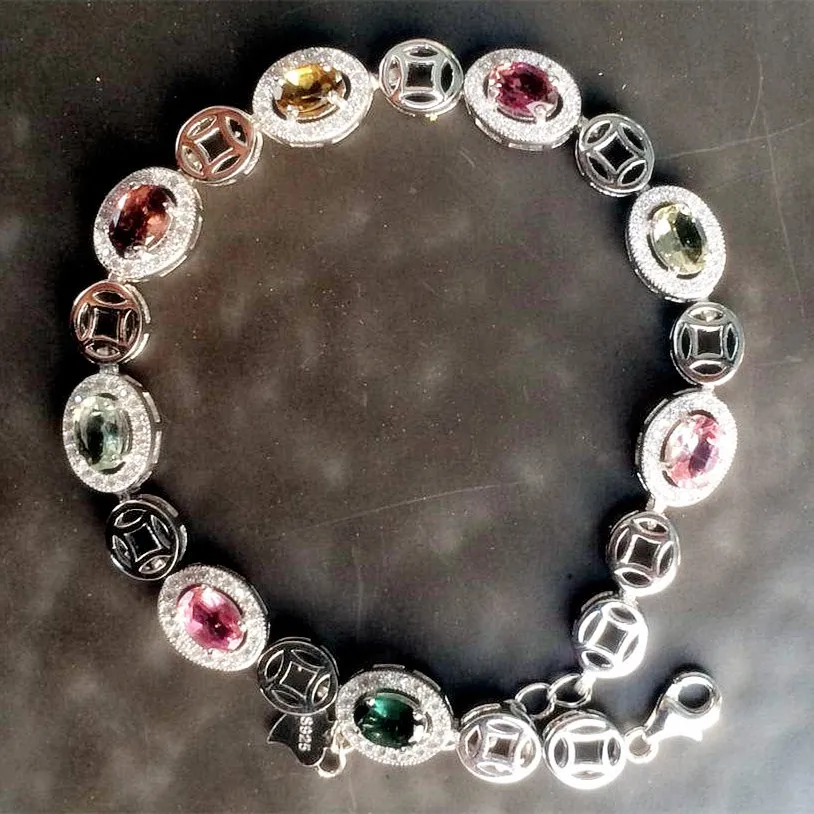 Natural Tourmaline 925 Sterling Silver beautiful chain link bracelet birthday gift Birthstone crystal Fine jewelry Natural Tourmaline 925 Sterling Silver beautiful chain link bracelet birthday gift Birthstone crystal Fine jewelry