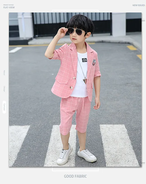 Клетчатый костюм для мальчиков летняя одежда, пальто+ короткие штаны+ футболка, Детский костюм, костюмы для сцены и выступлений для мальчиков, размер 100-160 - Цвет: pink