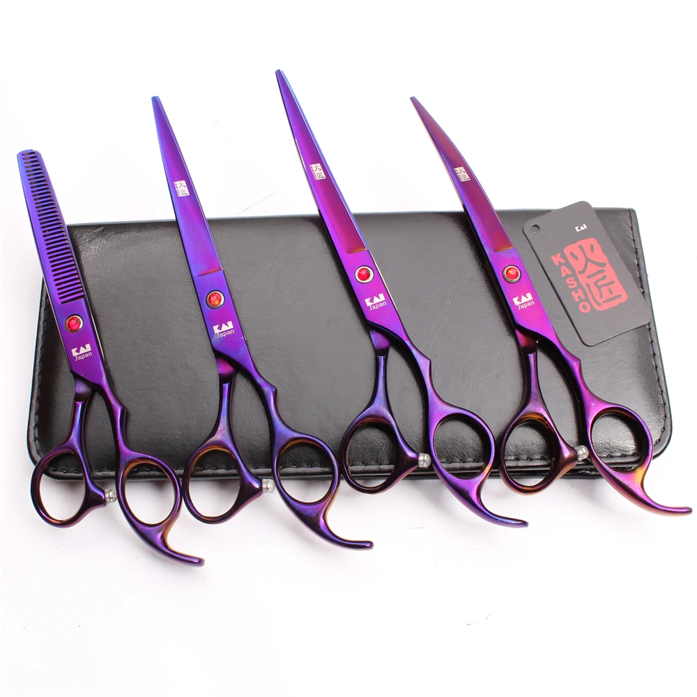 

H3003 4Pcs 7.0'' Kasho JP 440C Cutting+Thinning Scissors+Up&Down Curved Shears Professional Pets Hair Scissors Dog Hair Clippers