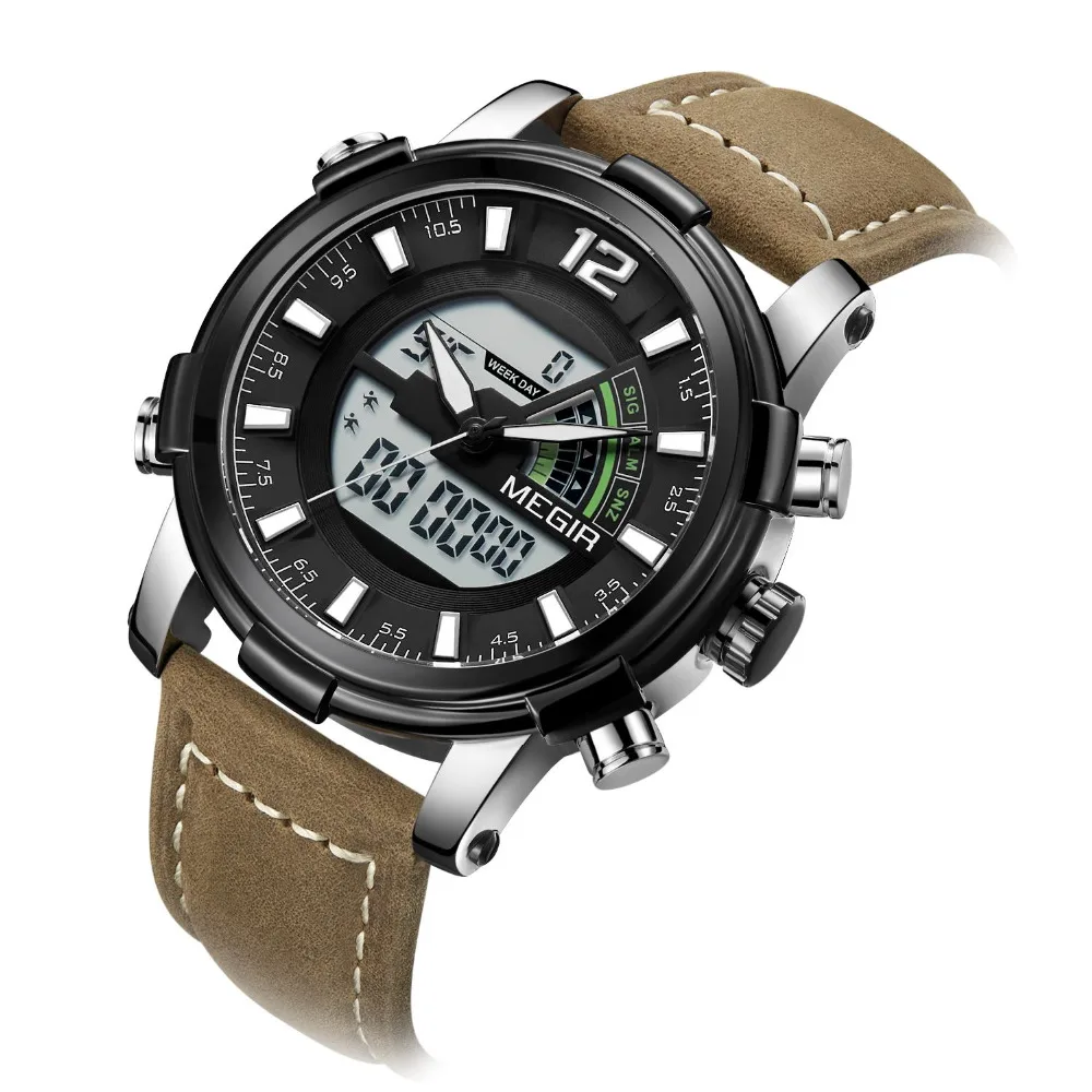 

MEGIR Military Big Size Multifunction Digital Quartz Watch Men 2 Time Zone Chronograph Fashion Sports Wristwatches Men Best Gift