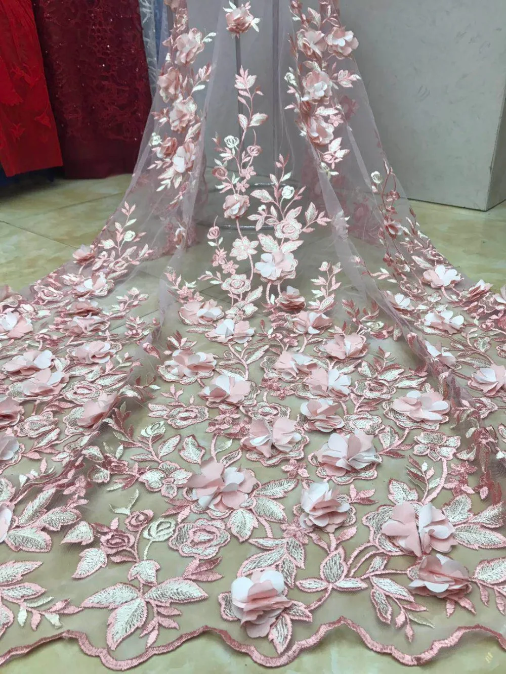 Buy 2018 Pink 3D flower lace tulle fabric high quality