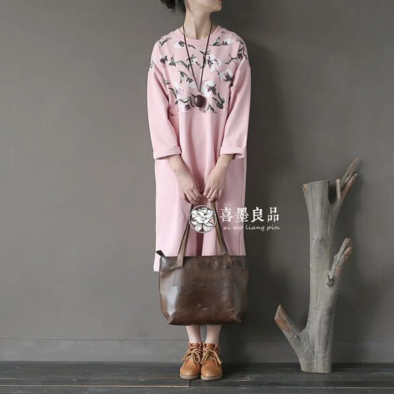 

Women Spring Autumn Dress 2017 Floral Print Cotton Plus Size Dress Maxi Flower Casual Long Sleeve Women Dress