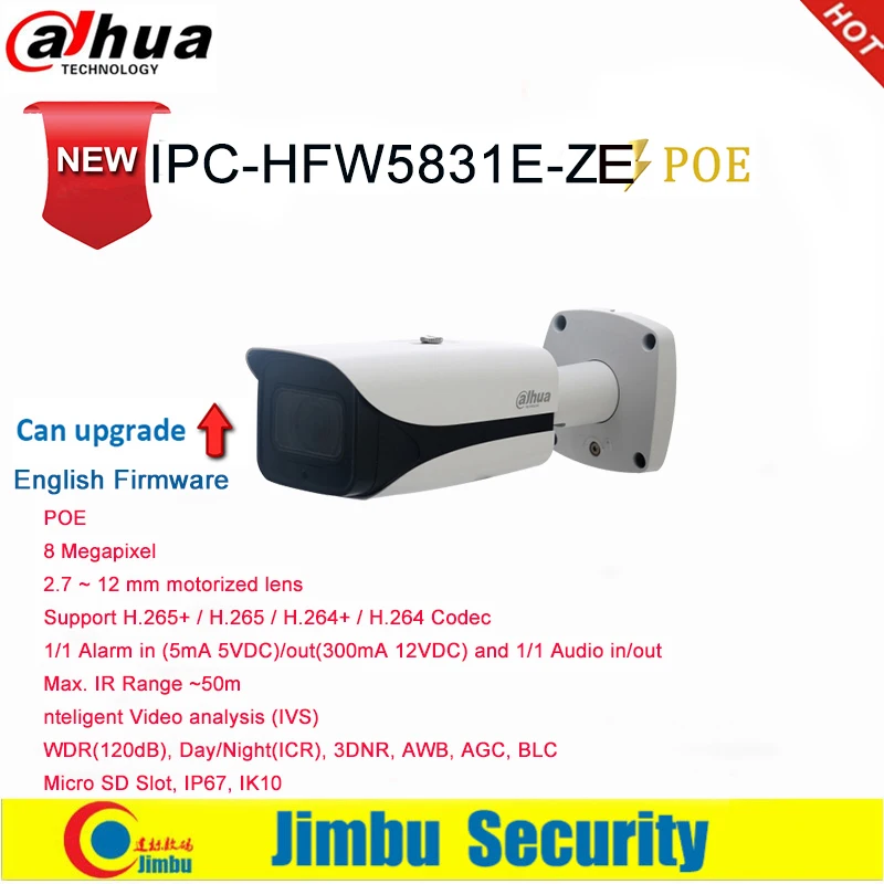 

Dahua IP Camera POE 8MP IPC-HFW5831E-ZE 2.7 ~ 12 mm motorized lens IR50M 1/1 Alarm Micro SD Slot Up To 128G IP67, IK10 IVS