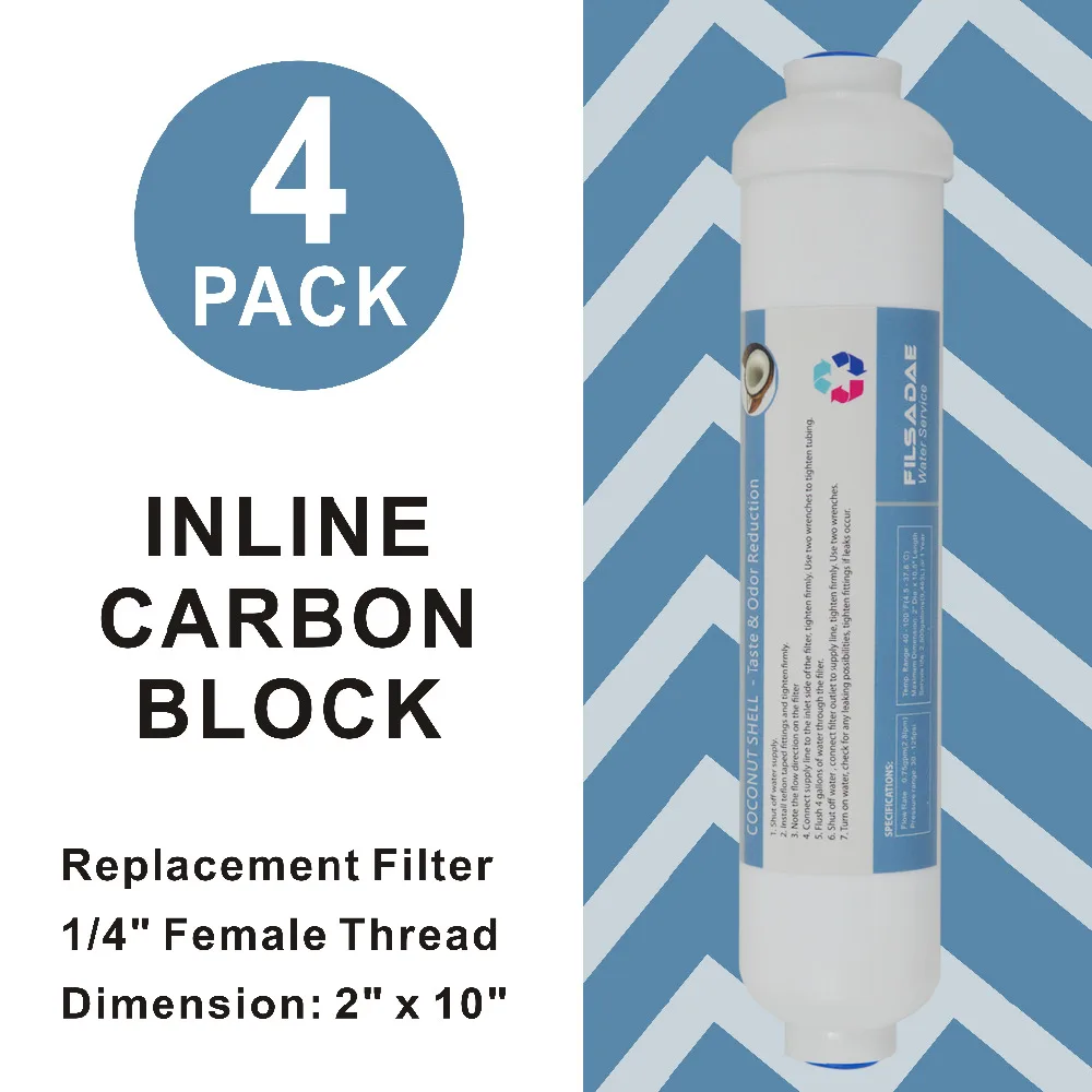 

Universal 2" x 10" Post Inline Carbon Water FilterCartridge for Under Sink and Reverse Osmosis RO water purifier System - 4 PACK