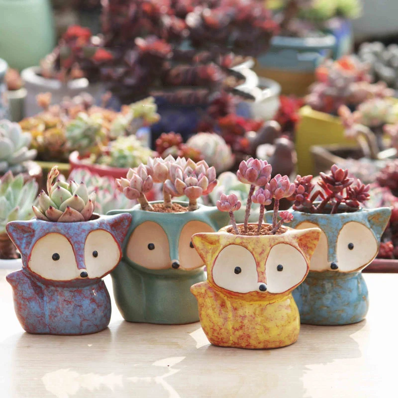 Creative Cartoon Fox Ceramic Flower Pot Thumb Pot Succulent Plant Pot Stoneware Breathable Pottery Basin Garden Decoration