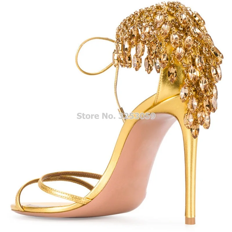 

Top Brand Real Photo Glittering Gold Crystal Wedding Shoes Stiletto Heels Fringe Rhinestone Sandals Lace-up Bling Bling Pumps