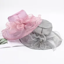 Модные летние шляпы из органзы для женщин, элегантные женские церковные винтажная шляпа с широкими полями, с большим цветком ручной работы, Fedoras