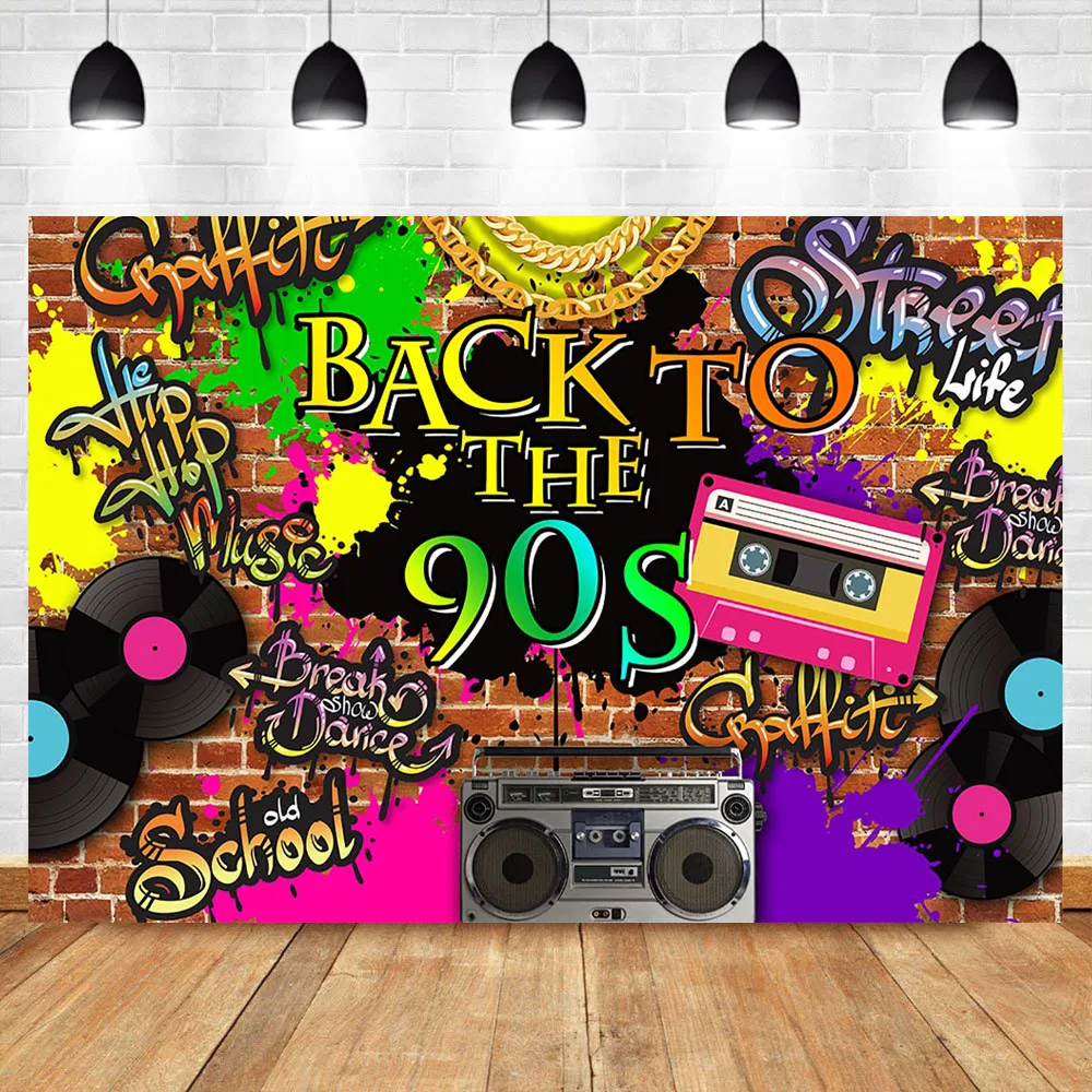 

NeoBack Back to The 90s Backdrop Graffiti Brick Wall Hip Hop Birthday Party Photography Background Radio Record Photo Backdrops