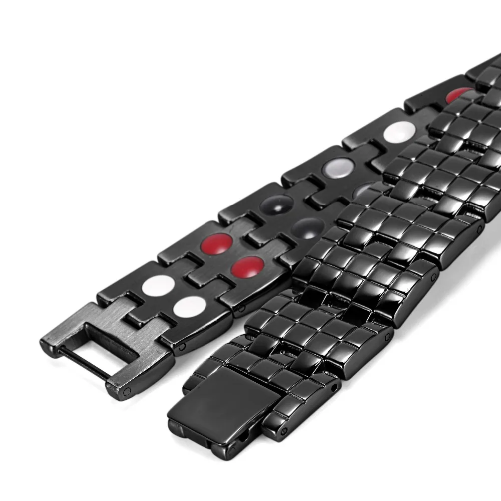 Rainso Stainless Steel Bracelet For Men Double Row 4 Elements Energy Power Magnetic Bracelet Black Polished