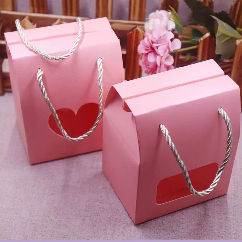 

10pcs Pink Paper Clear Window Box multi color Paper Candy Boxes With Handle Snack Cookie Chocolates Gifts box for wedding