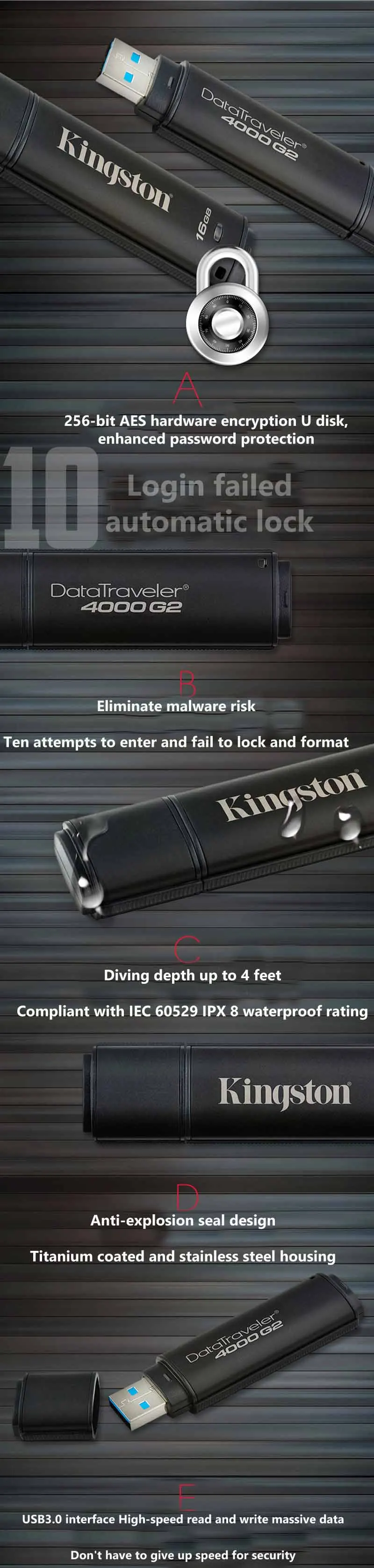 Kingston флеш-накопитель USB 3,0, 64 ГБ, 32 ГБ, 16 ГБ, 8 ГБ, 4 Гб, флешка, водонепроницаемая, аппаратное шифрование, металлическая флешка, флешка