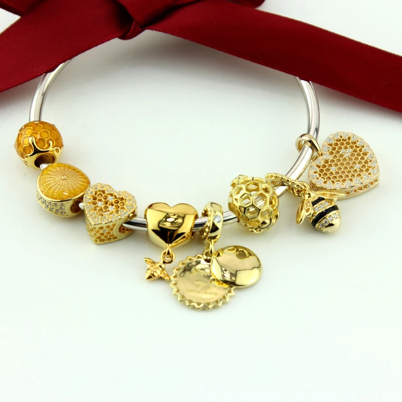 

ROCKART 925 Sterling Silver With Yellow Color Shine Collection Fits European Bracelets DIY Beads Fashion Jewelry