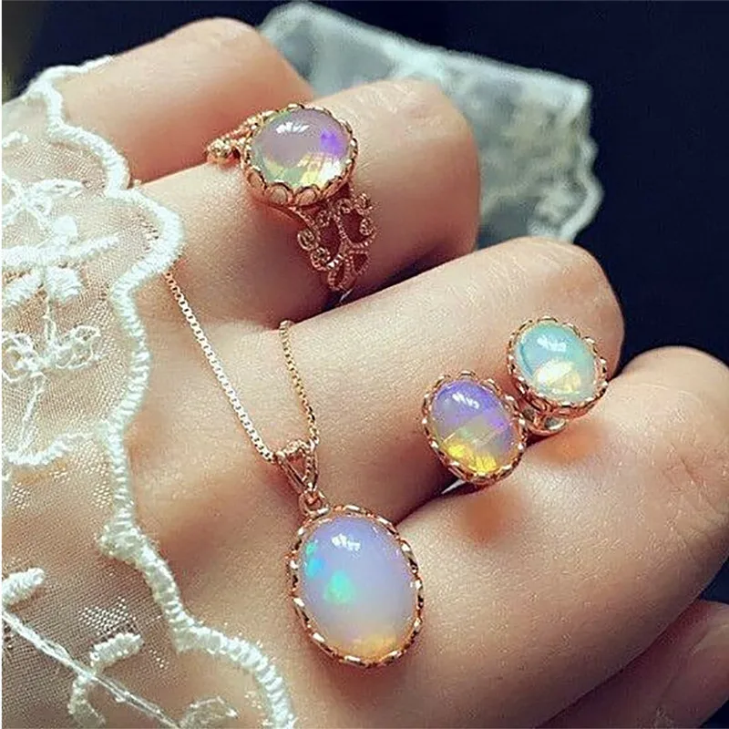 

DIEZI Luxury Imitation Opal Jewelry Sets For Women Wedding New Necklaces Water Drop Earrings Ring Bohemia Girls Gift Jewelry