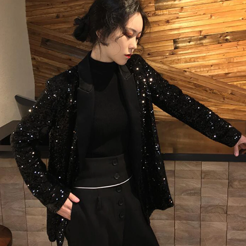 Yuxinfeng модная черная куртка с блестками Женская Весенняя двубортная подиумная свободная Blingbling Блейзер Пальто Женский костюм Блейзер