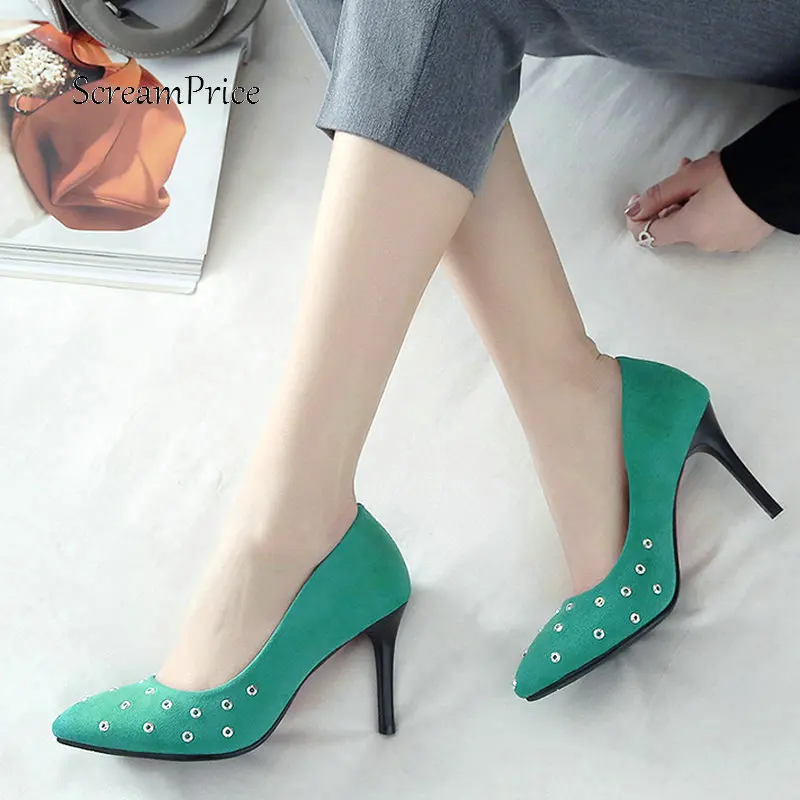 

Faux Suede Fashion Rivet Slip On Lazy Shoes Sexy Thin High Heel Women Dress Pumps Red Green Black
