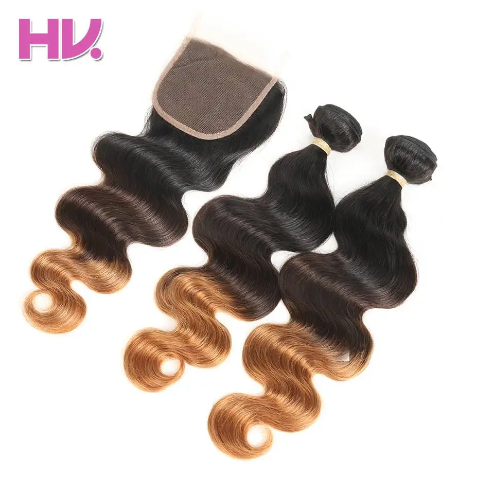 Hair Villa Ombre Brazilian Body Wave Bundles With Closure 4*4 Virgin Hair Bundles With Lace Closure Salon Human Hair 1B/4/30 brazilian-body-wave-hair-bundles