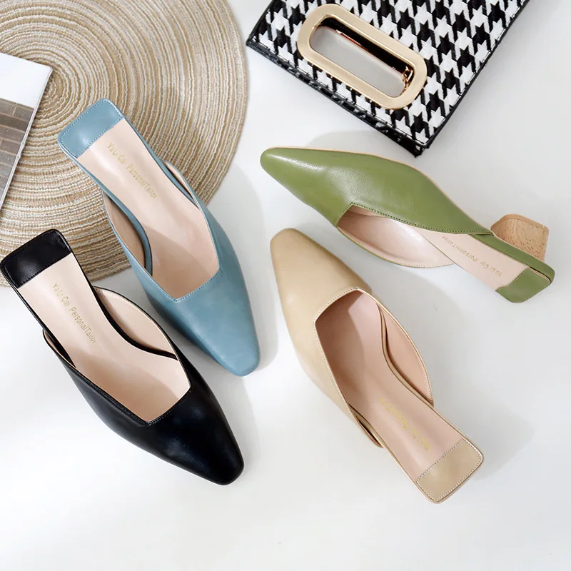 

Pantufa Brief modis closed slippers mujer square toe slides woman summer candy color flip flops lazy block med heel mules shoes