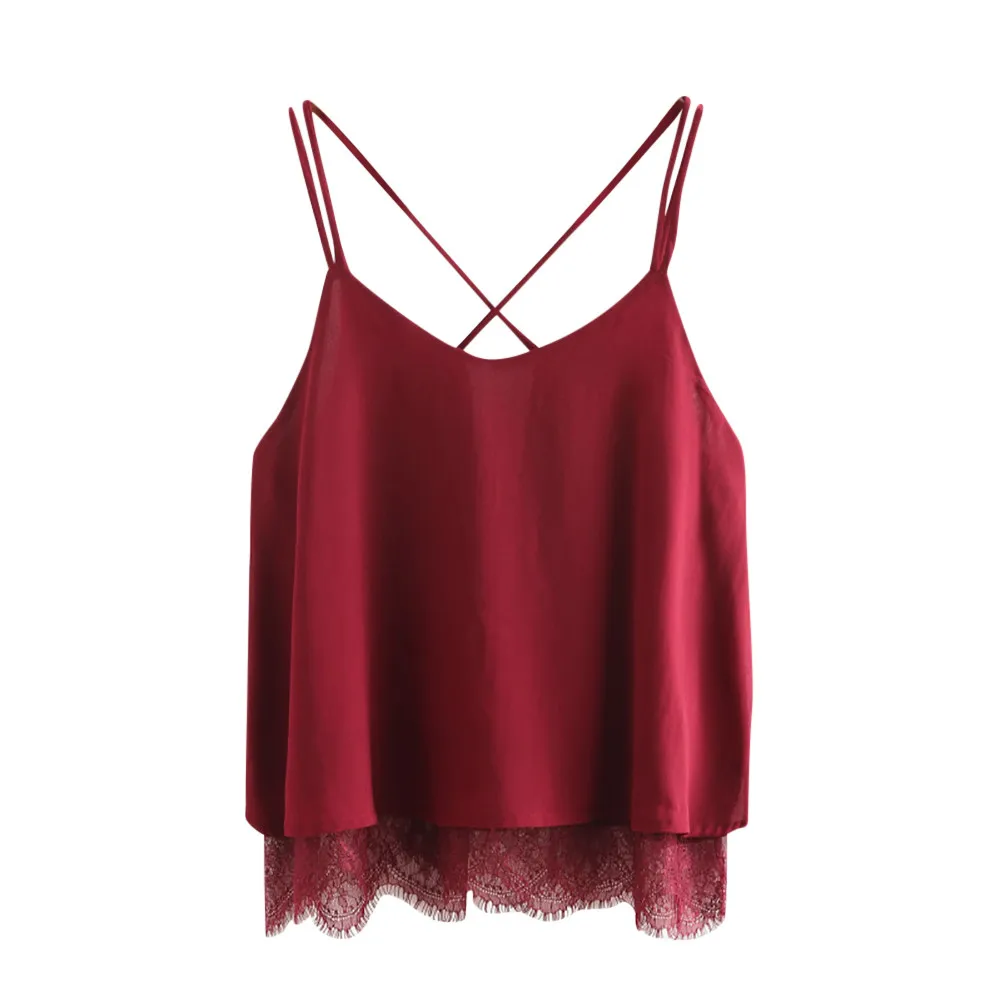 

Women Crop Top Chiffon Lace Silk Top Patch work Sleeveless Chic Vest Tank Shirt Womens Tops Pokemon Camiseta Sin Mangas Mujer