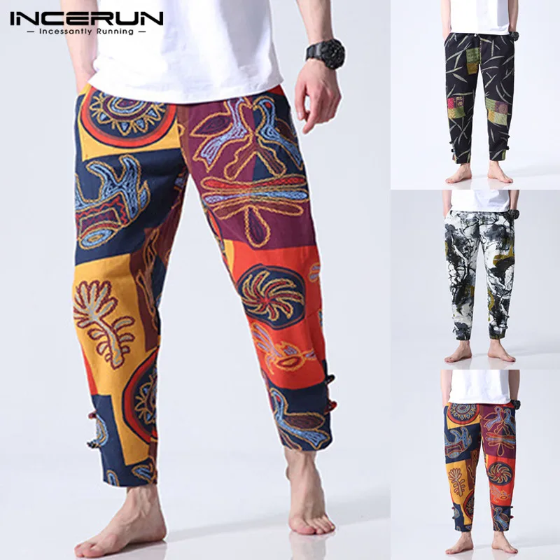 Boho Floral Cotton Men Pants Casual Wide Legs Pants Loose Fitness Pants