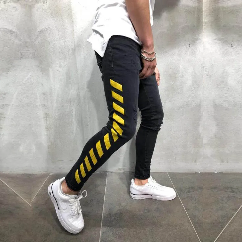 Men's Skinny Black Jeans Yellow Side Stripes Hip Hop Streetwear Raw Edge Ripped Skinny Printed Street Lightweight Cotton Jeans Men's Skinny Black Jeans Yellow Side Stripes Hip Hop Streetwear Raw Edge Ripped Skinny Printed Street Lightweight Cotton Jeans