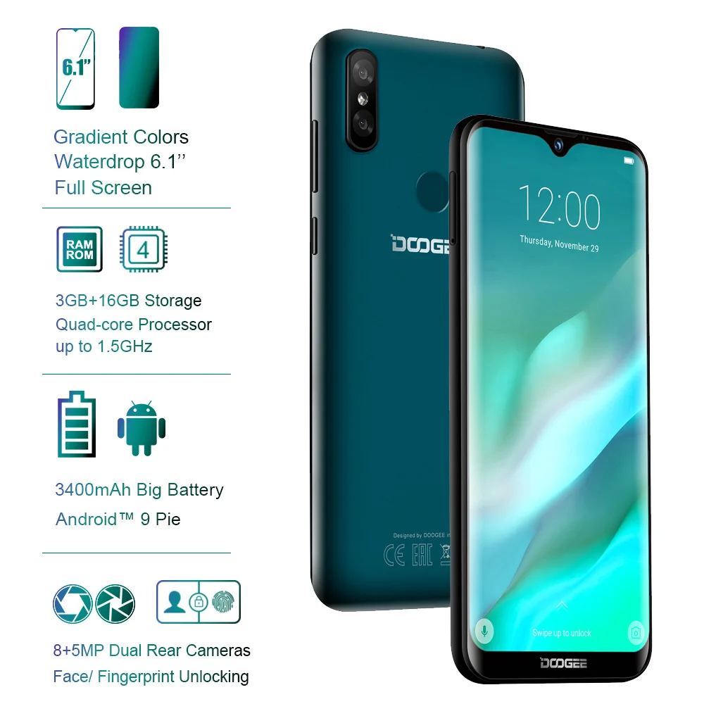 DOOGEE Y8 Android 9.0 MTK6739 Quad Core smartphone 6.1 inch FHD 19:9 8MP+8MP 3GB 16GB 3400mAh 4G LTE Mobile phone