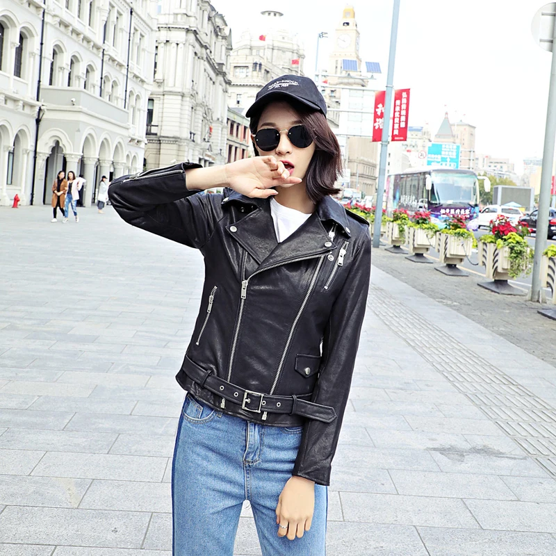 

Factory 2018 New Women Black Vegetable tannin Goatskin Motorcycle Leatehr Jacket Fashion Lapel Riding Biker Jackets