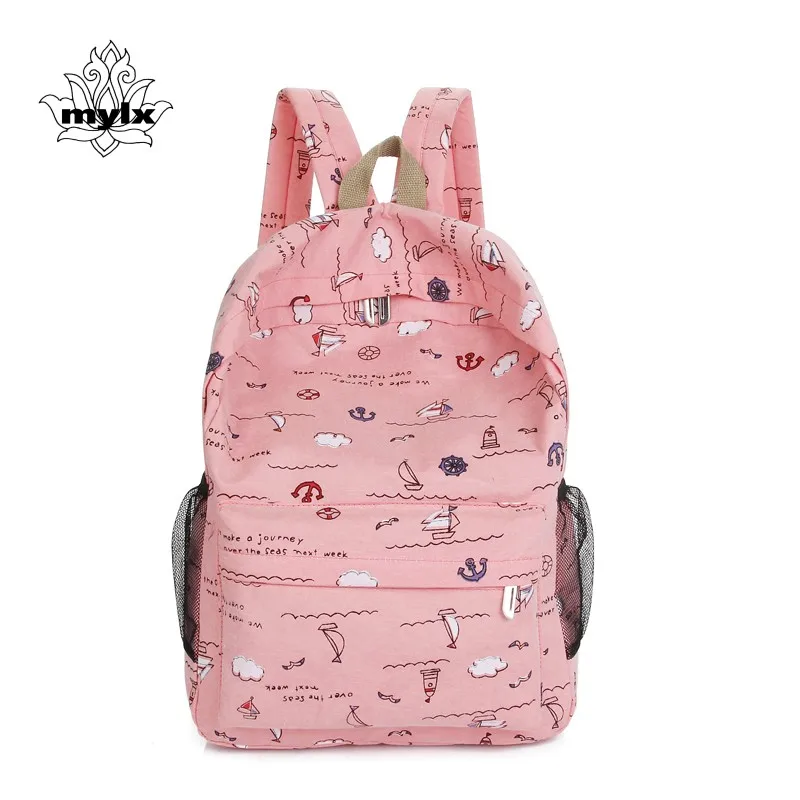 

Fresh printing canvas backpack 100% cotton preppy style school backpack for girls lightweight green book bag leisure and travel