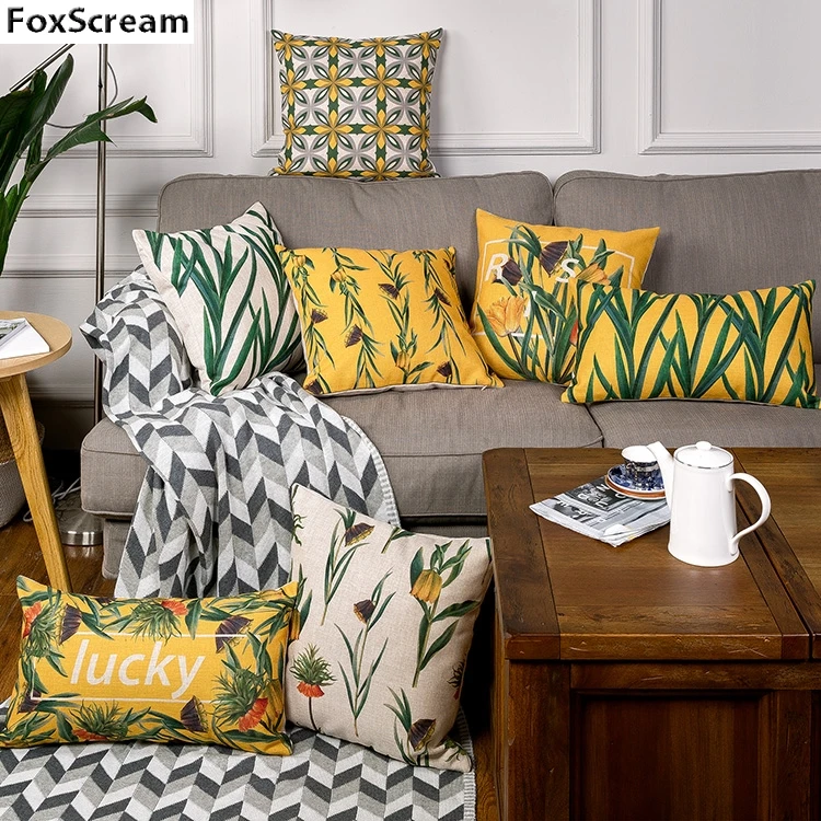 Green Tropical Decorative Throw Pillow Case Yellow Geometric Cushions