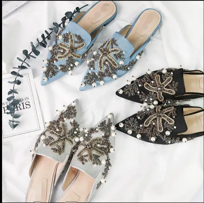 

high quality INS summer woman Sequin Starfish Embroidery Slacker slippers pointed toe out door pearls beading flat Mules slides