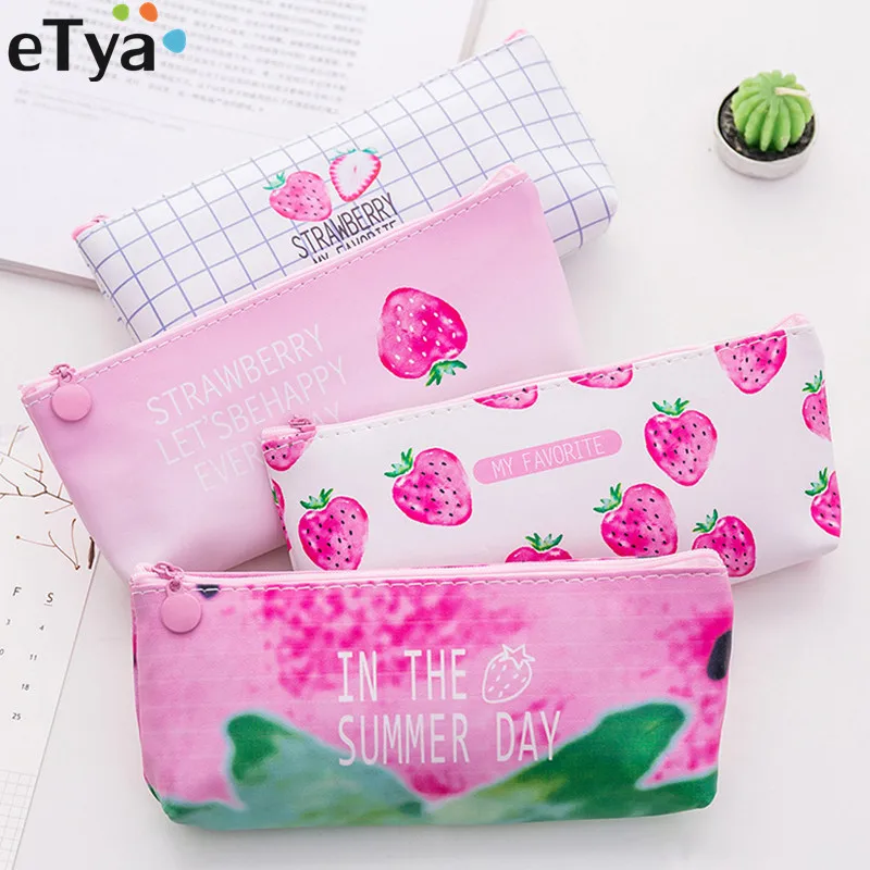 ETya النساء حقيبة مستحضرات تجميل الحقيبة الفراولة بو الجلود السفر أحمر الشفاه النفط التجميل أكياس المنظمون طالب المدرسة حقيبة أقلام رصاص حالة
