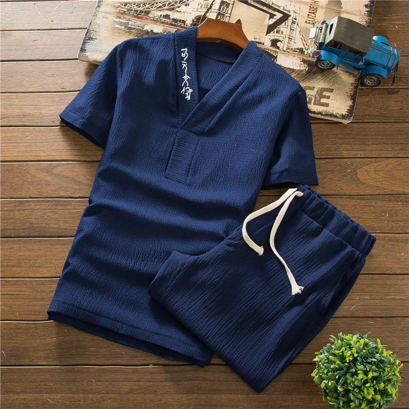  Summer Pure Color Embroidered Men's 2 Piece Set Chinese Style Men V-neck Short-Sleeve T-Shirt & Dra