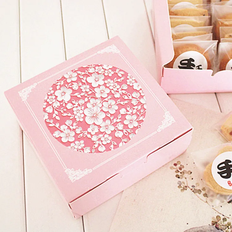 

Hot Sale 12*12*4.5cm10pcs pink sakura cherry Cheese Cake Paper Box Cookie Container gift Packaging Wedding Christmas Use
