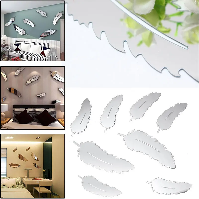 

Wall Stickers Feather Designed 8pcs Color 3D Mirror Child Kid Diy Home Decor Bedroom for Interior Design Room Decoration