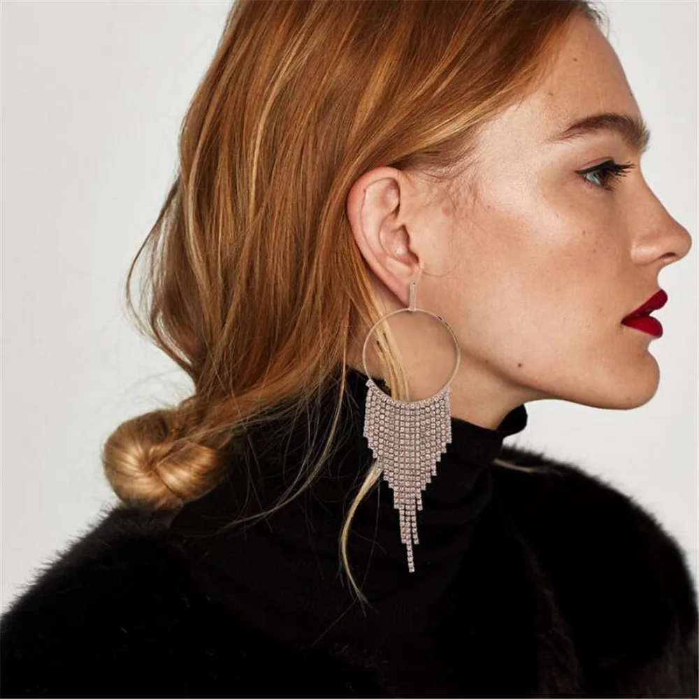 MHS.SUN 1Pair/Lot Luxury Exaggerated Rhinestone Tassel Earring Jewelry