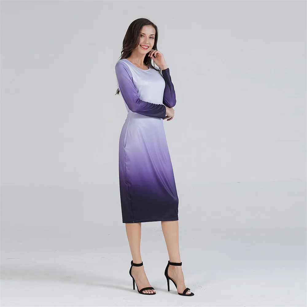 Women Basic Dress 2018 Gradient Ramp O Neck Long Sleeve Slim Dresses Bodycon Midi Office Working Dress Elegant All Match (31)